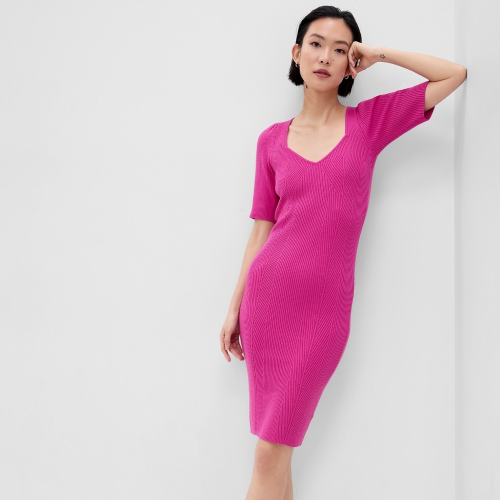 NEW | GAP Puff Sleeve Sweetheart Rib Midi Dress, Pink - Size Large